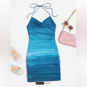 Shein Ombre Backless Tie Back Drape Neck Ruched Mesh Bodycon Size Medium (6)